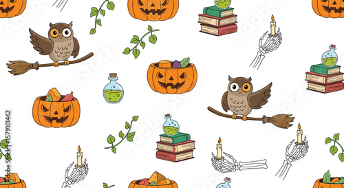 Whimsical halloween night owls flying broomsticks and potion bottles with spooky decorations