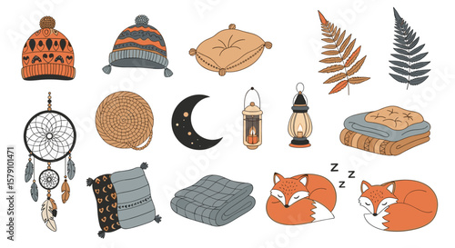 Cozy fall winter collection featuring warm knitwear cushions dreamcatchers foxes and lanterns