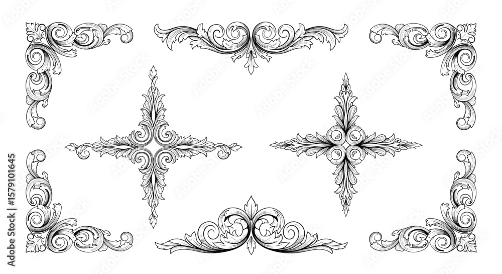 Fototapeta premium Elegant decorative flourishes and ornate corner accents for classic designs