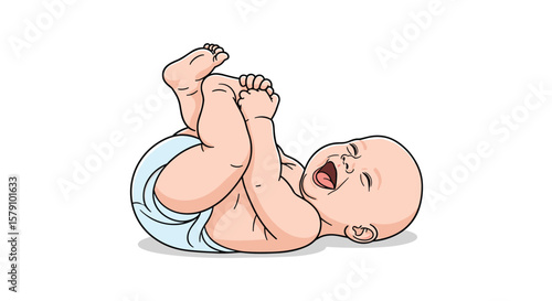 Cute baby laughing and playing with its feet while wearing a diaper