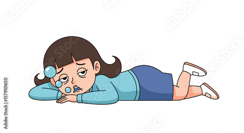 Young girl feeling exhausted lying down sweating heavily illustration