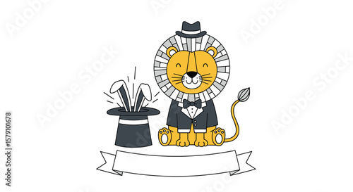 Charming lion and badger perform magic tricks in a circus show