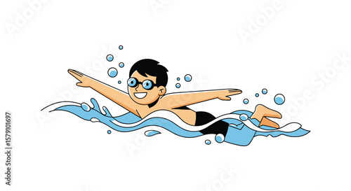 Young boy swims freestyle in blue water with bubbles and waves creating a joyful aquatic scene