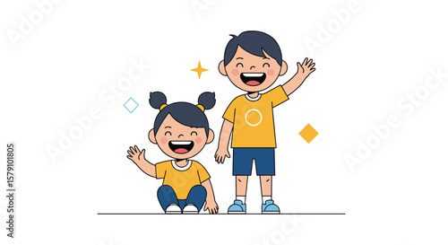 Happy siblings waving hello together with joyful expressions and sparkle accents