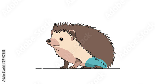 Cute cartoon hedgehog with blue pants walking and wiggling its tail