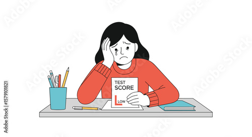 Young student distressed over poor test results and academic struggles at school desk