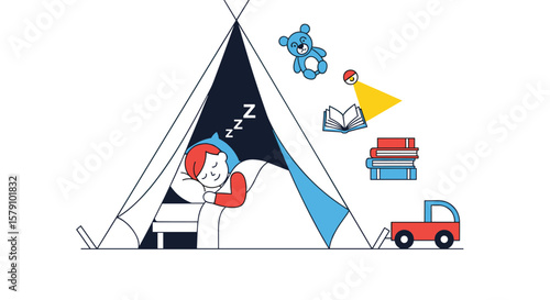 Child sleeping in a tent with toys and books around in a bedroom illustration