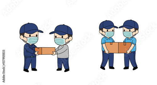 Two pairs of delivery workers wearing masks handing over cardboard boxes safely