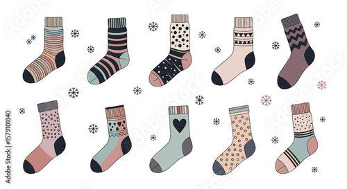 Collection of festive cozy socks with unique patterns and designs
