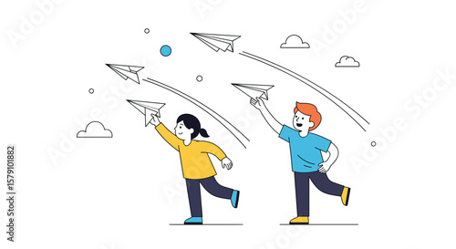 Two kids happily flying paper airplanes together experiencing childhood joy and imagination