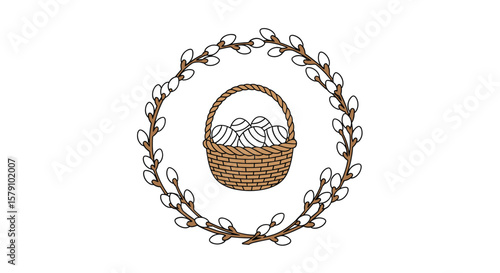 A woven basket filled with delicate fluffy contents surrounded by a twiggy border
