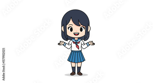 Cute anime schoolgirl character dancing and posing with arms open wide