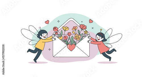 Joyful children delivering a beautiful flower arrangement from an envelope