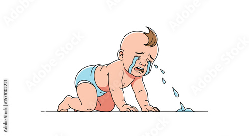Crying baby crawling water splash drooling liquid tears emotion distress melancholy sadness upset frustration agitation expression unhappiness discomfort