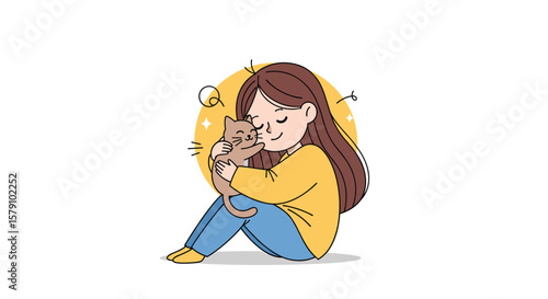 Cute girl hugging and cuddling adorable kitten pet in her arms with love and affection