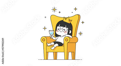Charming young girl relaxing majestically on a grand golden throne holding a refreshing beverage