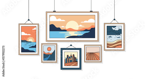 Collection of pixel art landscape paintings displayed on a white wall creating a gallery wall