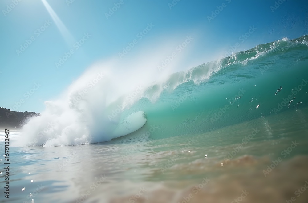 Naklejka premium Bright Blue Ocean Wave Power Natural Light Underwater Scene ai generated