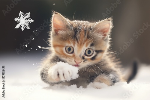 Playful Kitten Explores First Snowfall, Curiously Pawing at Fluffy White Snowflakes with Wide Eyes and Adorable Wintertime Wonder.

