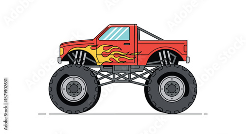 Big red monster truck with flames and oversized tires