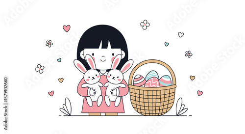 Cute illustration of a little girl holding two fluffy bunnies next to an easter basket filled with colorful eggs and surrounded by small flowers and hearts