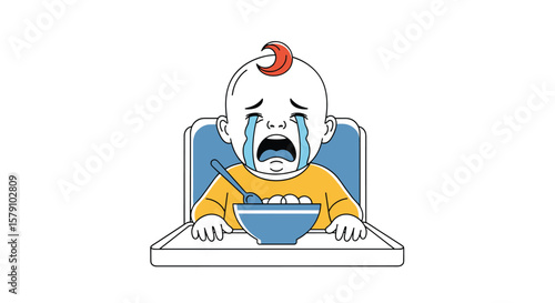 Close-up of a crying baby sitting in a high chair with a bowl of food before them