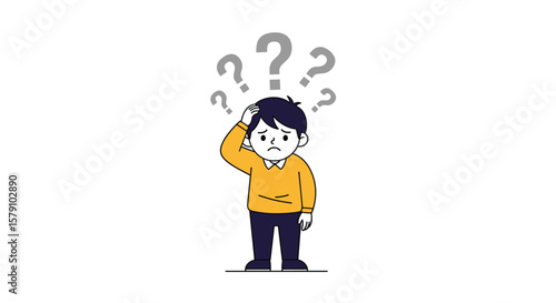 Confused boy scratching head surrounded by question marks illustration