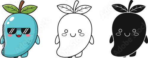 Cute mango character vector illustration with sunglasses and outline for kids and adults design vector