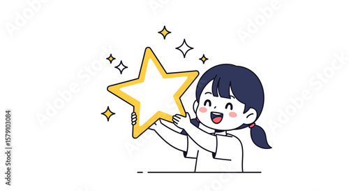 A happy child holding up a shining star full of excitement and achievement