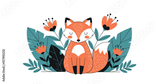Adorable fox surrounded by lush green leaves and vibrant orange flowers illustration