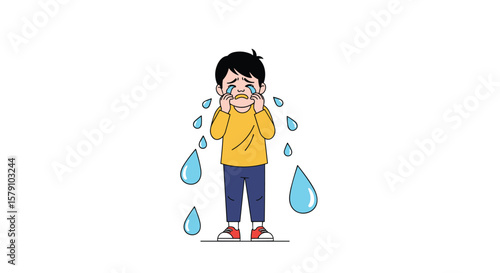 Anxious little boy crying tears of sadness feeling upset and distressed
