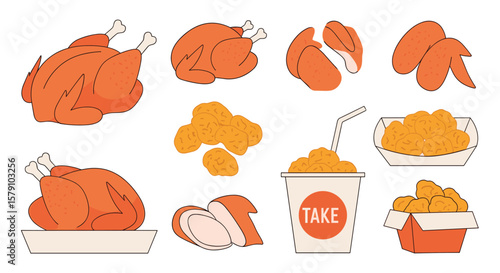 Delicious crispy fried chicken pieces and whole roasts for fast food lovers