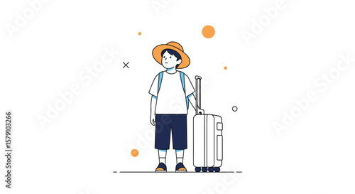 Young traveler with backpack and suitcase ready for adventure
