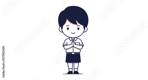 Young student shows respect with hands pressed together in greeting gesture