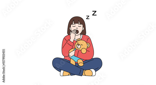 Tired person yawning while holding teddy bear and baby bottle