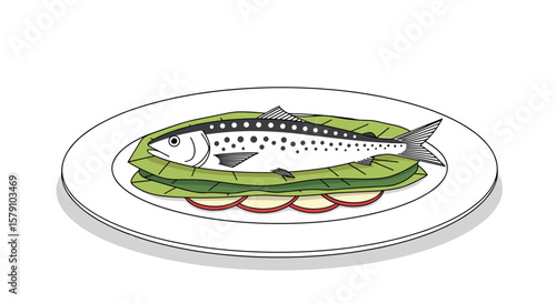 A whole cooked fish served on a bed of greens with sliced radishes on a white plate with shadow