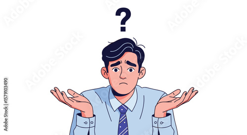 Confused man shrugging his shoulders under a question mark illustration