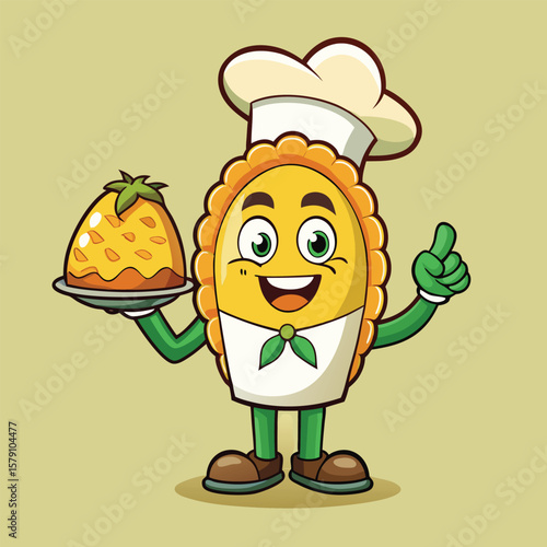 Funny cartoon chef characters cooking and holding delicious food, vegetables, and pizza with a big smile