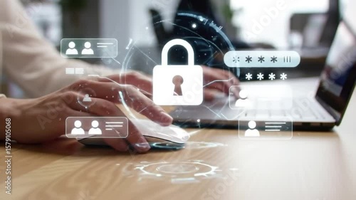 Data Security Woman Working on Laptop with Padlock Security Icon Overlay, Protecting Login Personal Information