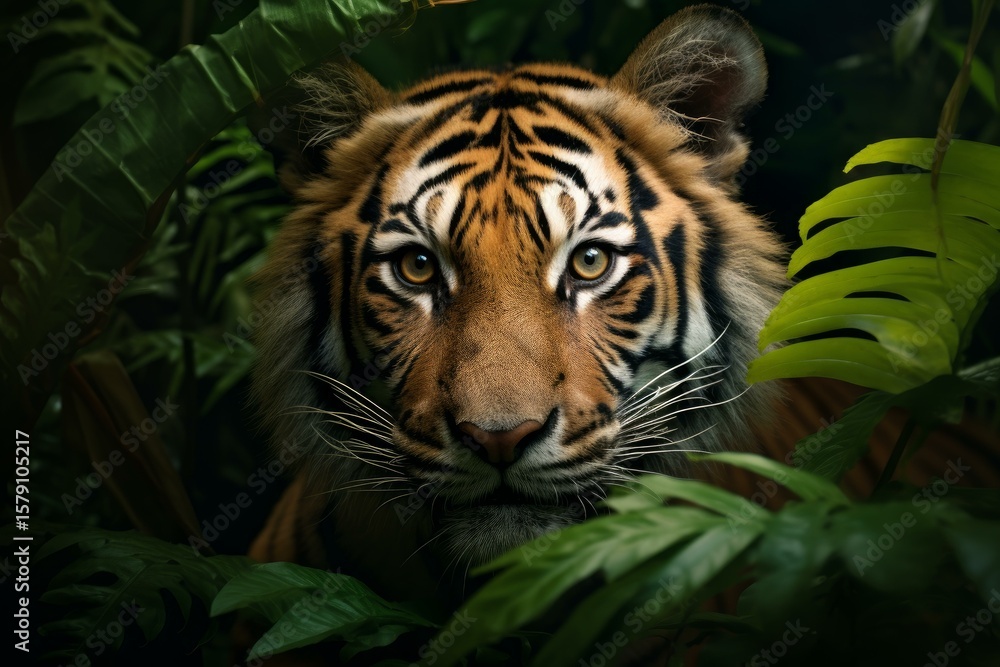 Fototapeta premium Close up of majestic sumatran tiger peering through dense jungle foliage