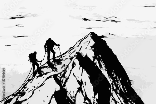 Black and white sketch illustration featuring mountain climbers scaling a peak, ropes in hand, under cloudy skies.