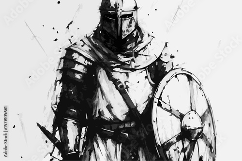 Medieval knight in armor, an artistic rendering of a brave warrior standing in full plate armor. Medieval knight in armor depicted with shield and sword.