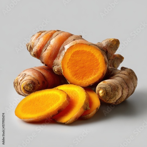 Fresh turmeric root and slices with vibrant orange interior isolated on white background