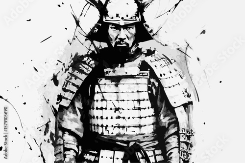 Black and white sketch illustration shows a samurai in traditional armor with detailed design.