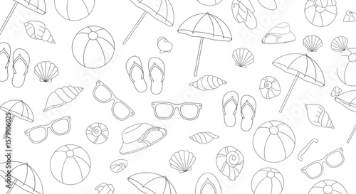 Beach themed line art pattern with umbrellas sunglasses shells balls and flip flops.