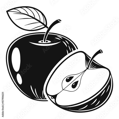 Whole and halved apple with leaf fruit food