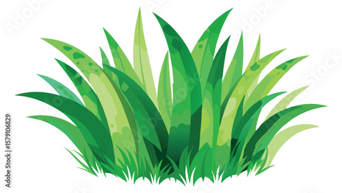 Vibrant Green Bush of Grass Blades on White Background 