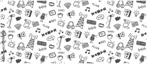 podcast broadcast doodle seamless pattern hand drawing icon sketch drawn