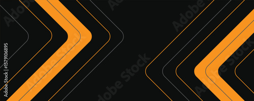 Black abstract wide horizontal banner with orange and gray lines, arrows and angles. Dark modern sporty bright futuristic abstract background. Wide vector illustration EPS10.