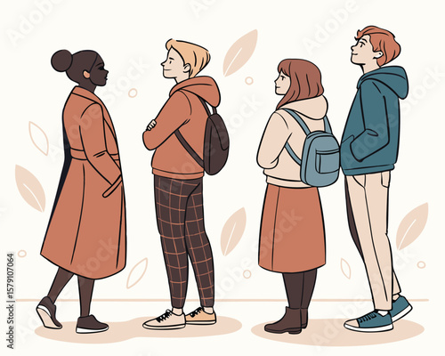 Diverse group of young adults in stylish outfits on white background illustration